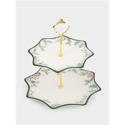 Подставка для пирожных, 25х20/24 см, 2 яруса, керамика D/металл, Еловые ветки, Festival