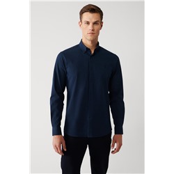 Lacivert Düğmeli Yaka Çizgili Pamuklu Kolay Ütülenen Slim Fit Dar Kesim Gömlek