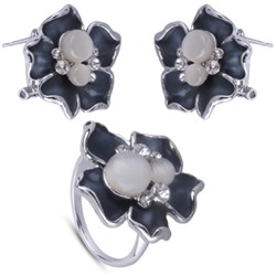 Комплект: кольцо и серьги (улексит, эмаль синяя, кристаллы; покрытие родий)