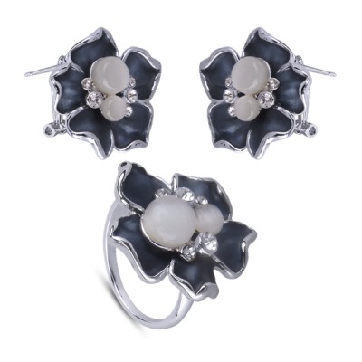 Комплект: кольцо и серьги (улексит, эмаль синяя, кристаллы; покрытие родий)