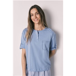 Pijama manga corta algodón pantalón rayas azul