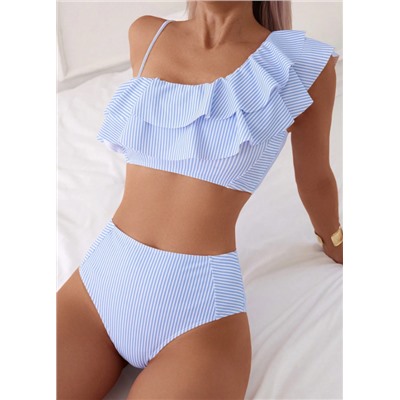 Swim Basics Women's Stripe Ruffled Trim Bikini Set For Summer Beach Vacation Holiday