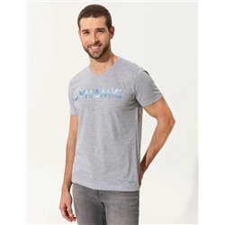 Açık Gri Melanj Slim Fit Baskılı Bisiklet Yaka Tişört