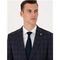 Lacivert Ekose Yün Karışımlı Ekstra Slim Fit Takım Elbise