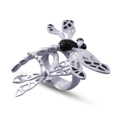 Кольцо Стрекоза (эмаль черная, серая; покрытие матовый родий), Есть комплект