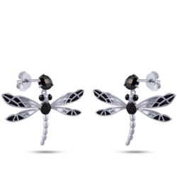Серьги Стрекоза (эмаль черная, серая, агат; покрытие матовый родий), Есть комплект