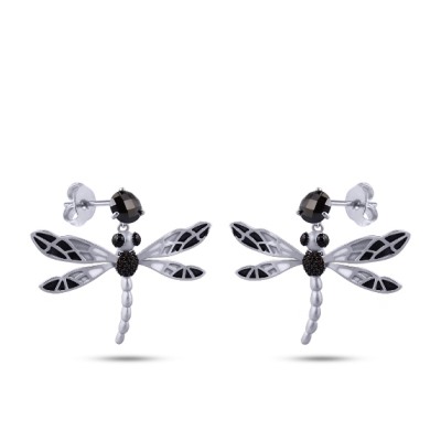 Серьги Стрекоза (эмаль черная, серая, агат; покрытие матовый родий), Есть комплект