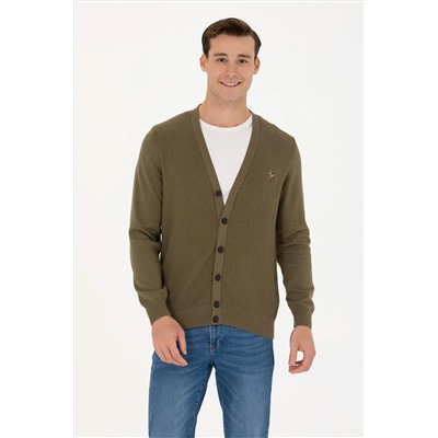 Erkek Haki Melanj Basic Triko Hırka