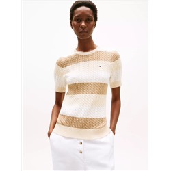 Short-Sleeve Stripe Cable Knit Sweater