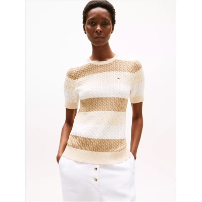 Short-Sleeve Stripe Cable Knit Sweater