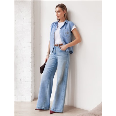 Укороченная блузка с коротким рукавом из джинсового лиоцелла