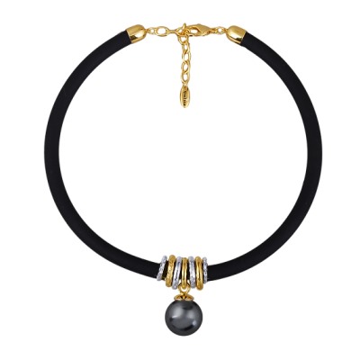 Колье Гевея (Майорка 18мм темно-серая, каучук черный; покрытие золото) 40-45см, Есть комплект