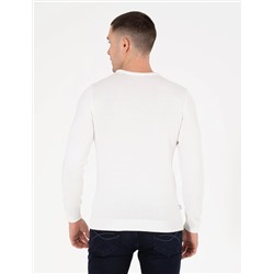 Ekru Slim Fit Bisiklet Yaka Basic Triko Kazak