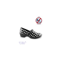 Lila Black/White Polka Dot Nursing Clog