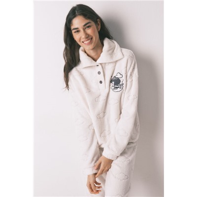 Pijama largo polar gris estampado nubes