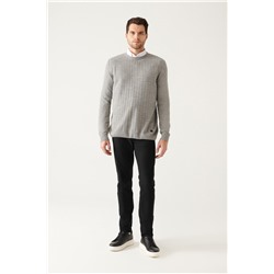 Gri Bisiklet Yaka Önü Dokulu Regular Fit Triko Kazak