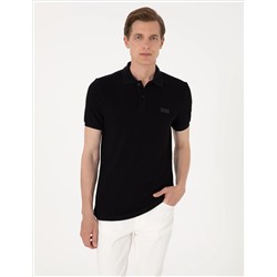 Siyah Slim Fit Örme Dokulu Polo Yaka Tişört