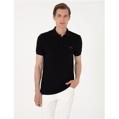 Siyah Slim Fit Örme Dokulu Polo Yaka Tişört