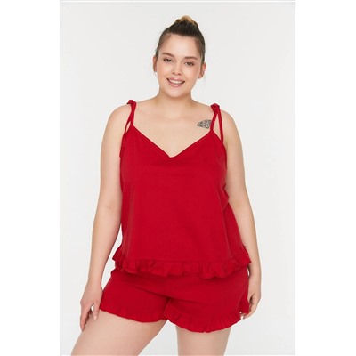 Trendyol Curve Kırmızı Askılı Örme Fırfır Detaylı Pijama Takımı TBBSS22PT0564
