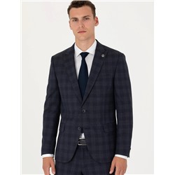 Lacivert Ekose Yün Karışımlı Ekstra Slim Fit Takım Elbise