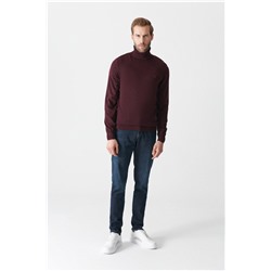 Bordo Tam Balıkçı Yaka Tüylenmeyen Triko Kazak