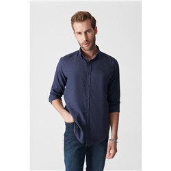 Lacivert Basic Düğmeli Yaka Pamuklu Comfort Fit Rahat Kesim Gömlek