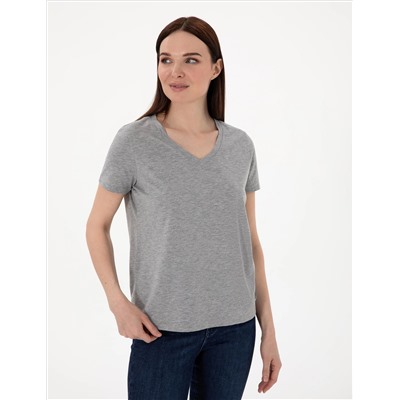 Gri Melanj Regular Fit V Yaka Basic Tişört