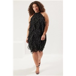 Trendyol Curve Siyah Puantiyeli Halter Yaka Fırfırlı Şifon Dokuma Büyük Beden Elbise TBBSS25AH00040