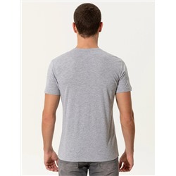 Açık Gri Melanj Slim Fit Baskılı Bisiklet Yaka Tişört