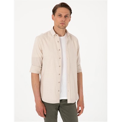 Bej Keten Görünümlü Slim Fit Uzun Kollu Gömlek