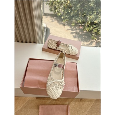 верхняя версия Miu Miu полые тканые туфли Miu Miu женские атласные балетки с бантом, украшенные бантом, эксклюзивная высокая версия Miu Mi*2025, весна с плоским низом, разработка Zp,