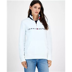 Tommy Hilfiger Women's Quarter Zip Embroidered Logo Sweatshirt - bright white