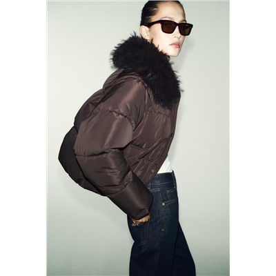 PUFFER BOMBER JACKET WITH FAUX FUR LAPEL