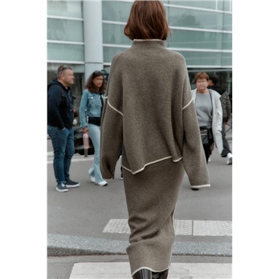 CONTRAST PIPING KNIT MIDI SKIRT