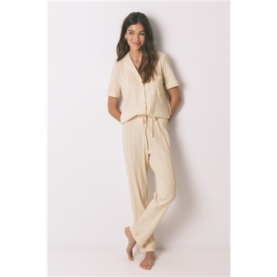 Pijama camisero algodón canalé amarillo