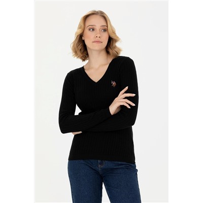 Kadın Siyah V - Yaka Basic Kazak