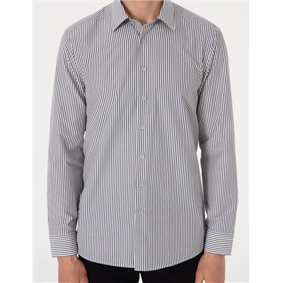 Siyah Slim Fit Çizgili Uzun Kollu Gömlek