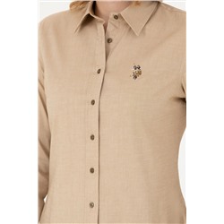 Kadın Açık Haki Uzun Kollu Basic Gömlek