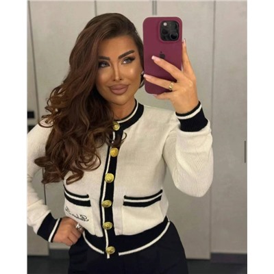 Balmai, высококачественная 100% шерсть, вышитые буквы на карманах, вязаный кардиган с длинными рукавами и круглым вырезом на пуговицах в виде головы льва, белый, синий, SML, [размер M; ширина плеч 36, обхват груди 98, длина рукава 60, длина 52