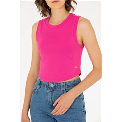 Kadın Fuşya Bisiklet Yaka Crop Basic Tişört