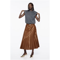 PLEATED FAUX LEATHER MIDI SKIRT WITH BELT