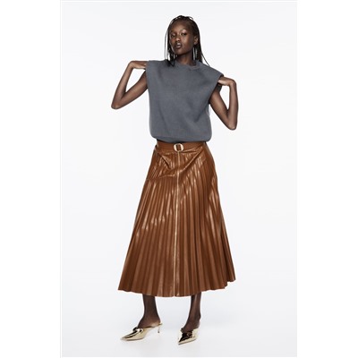 PLEATED FAUX LEATHER MIDI SKIRT WITH BELT