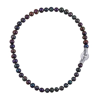 Колье (жемчуг баклажановый 7-8мм, фианиты; покрытие родий) 38см, Есть комплект