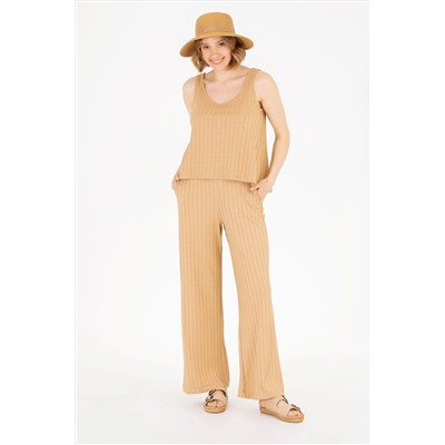 Kadın Camel Bisiklet Yaka Kolsuz Tişört