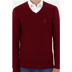 Erkek Slim Fit V Yaka Bordo Basic Kazak