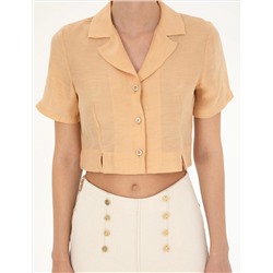 Bej Keten Karışımlı Slim Fit Crop Gömlek