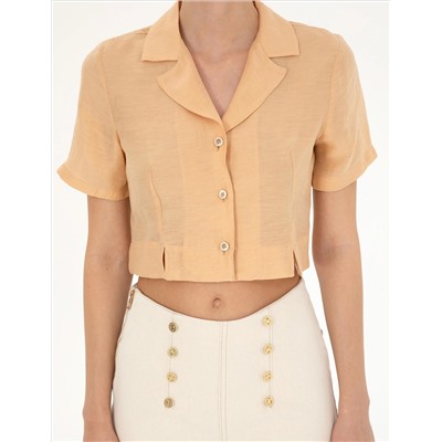 Bej Keten Karışımlı Slim Fit Crop Gömlek