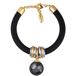 Браслет Гевея (Майорка 16мм темно-серая, каучук черный; покрытие золото) 19-22см, Есть комплект