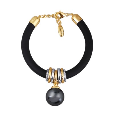 Браслет Гевея (Майорка 16мм темно-серая, каучук черный; покрытие золото) 19-22см, Есть комплект