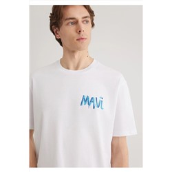 Mavi Baskılı Beyaz Tişört Loose Fit / Bol Rahat Kesim 0612468-620